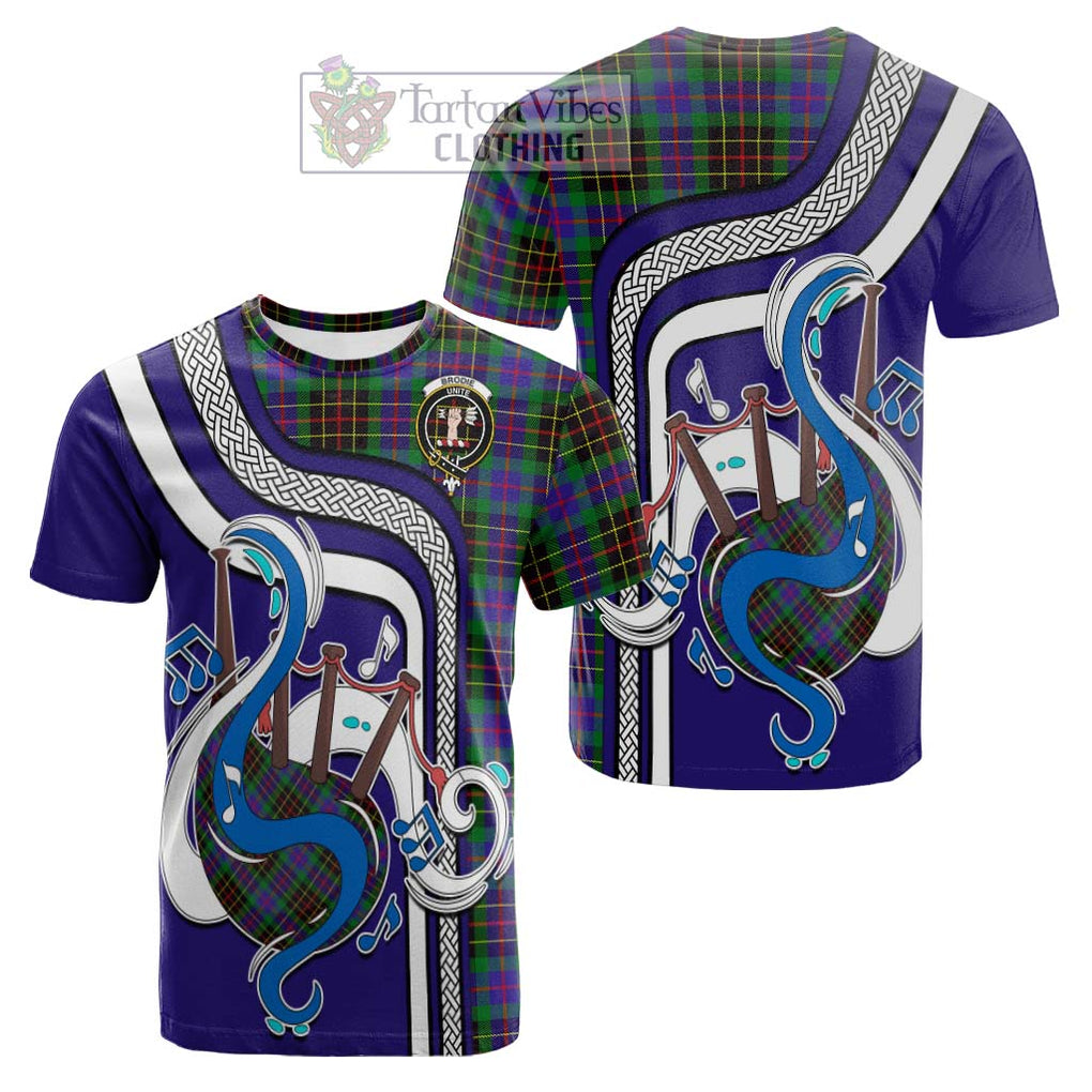 Tartan Vibes Clothing Brodie Hunting Modern Tartan Cotton T-shirt with Epic Bagpipe Style