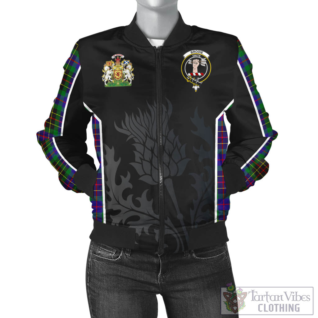 Tartan Vibes Clothing Brodie Hunting Modern Tartan Bomber Jacket with Family Crest and Scottish Thistle Vibes Sport Style