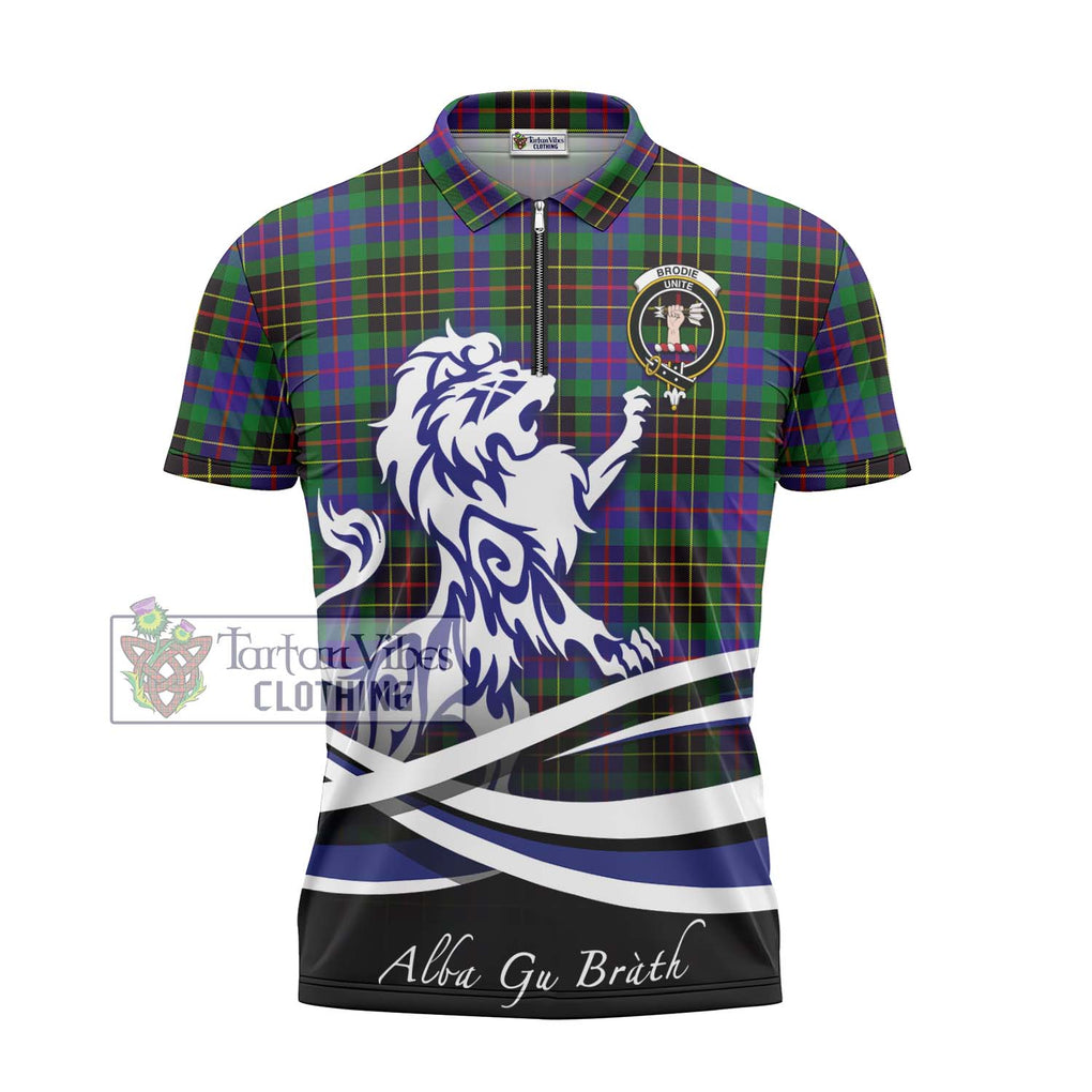 Brodie Hunting Modern Tartan Zipper Polo Shirt with Alba Gu Brath Regal Lion Emblem - Tartanvibesclothing Shop