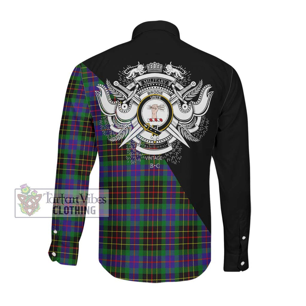 Brodie Hunting Modern Tartan Long Sleeve Button Shirt with Family Crest and Military Logo Style Men's Shirt - Tartanvibesclothing Shop