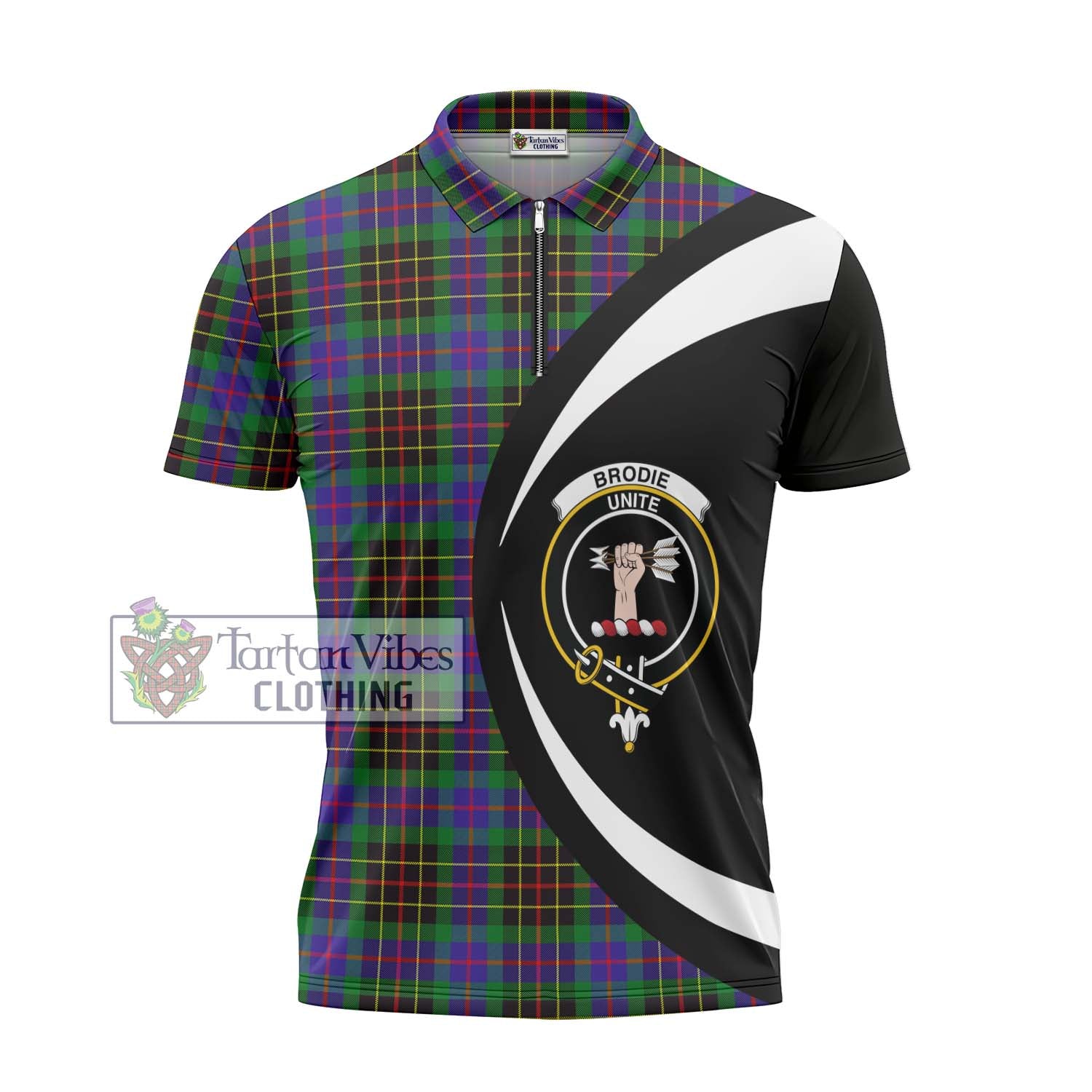 Tartan Vibes Clothing Brodie Hunting Modern Tartan Zipper Polo Shirt with Family Crest Circle Style