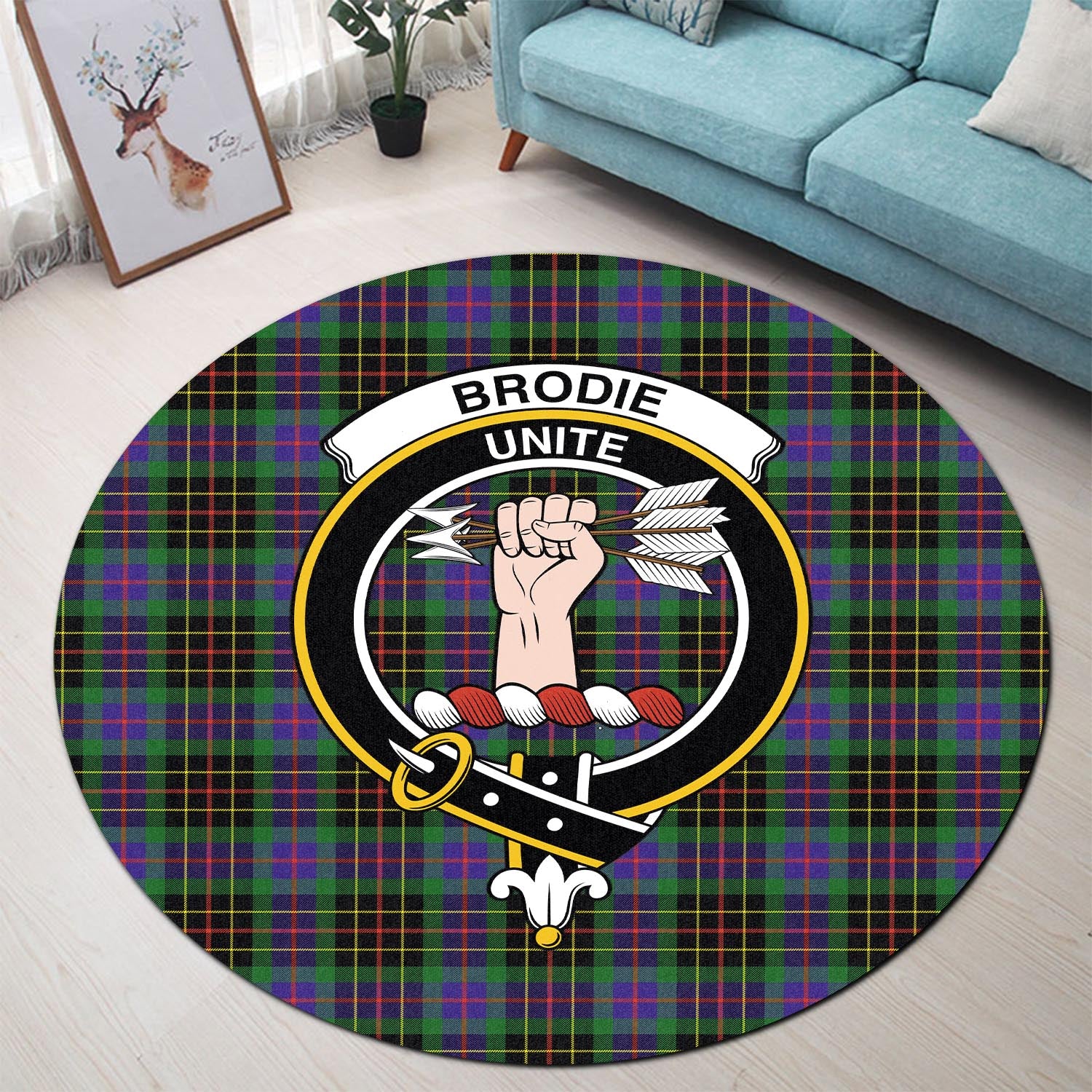 Brodie Hunting Modern Tartan Round Rug with Family Crest - Tartanvibesclothing