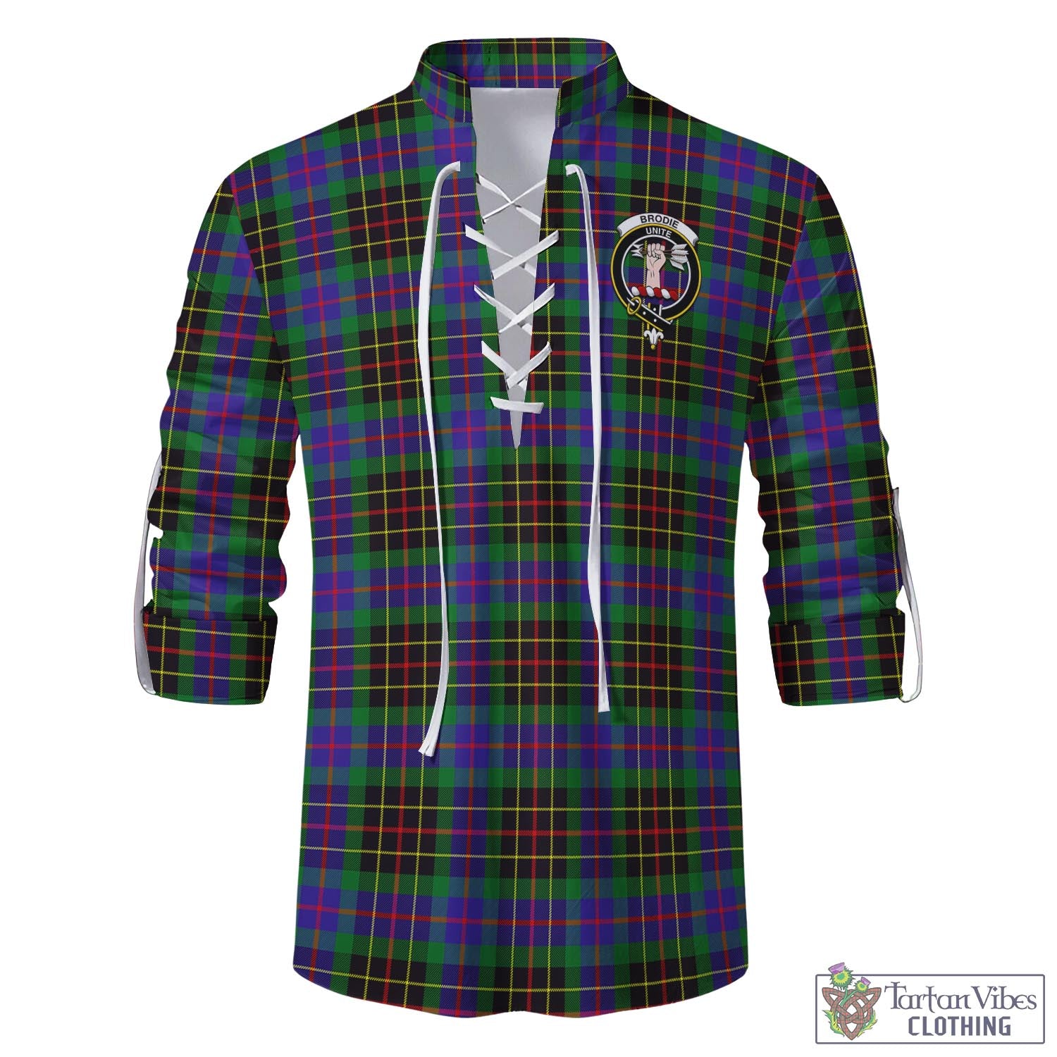 Tartan Vibes Clothing Brodie Hunting Modern Tartan Men's Scottish Traditional Jacobite Ghillie Kilt Shirt with Family Crest