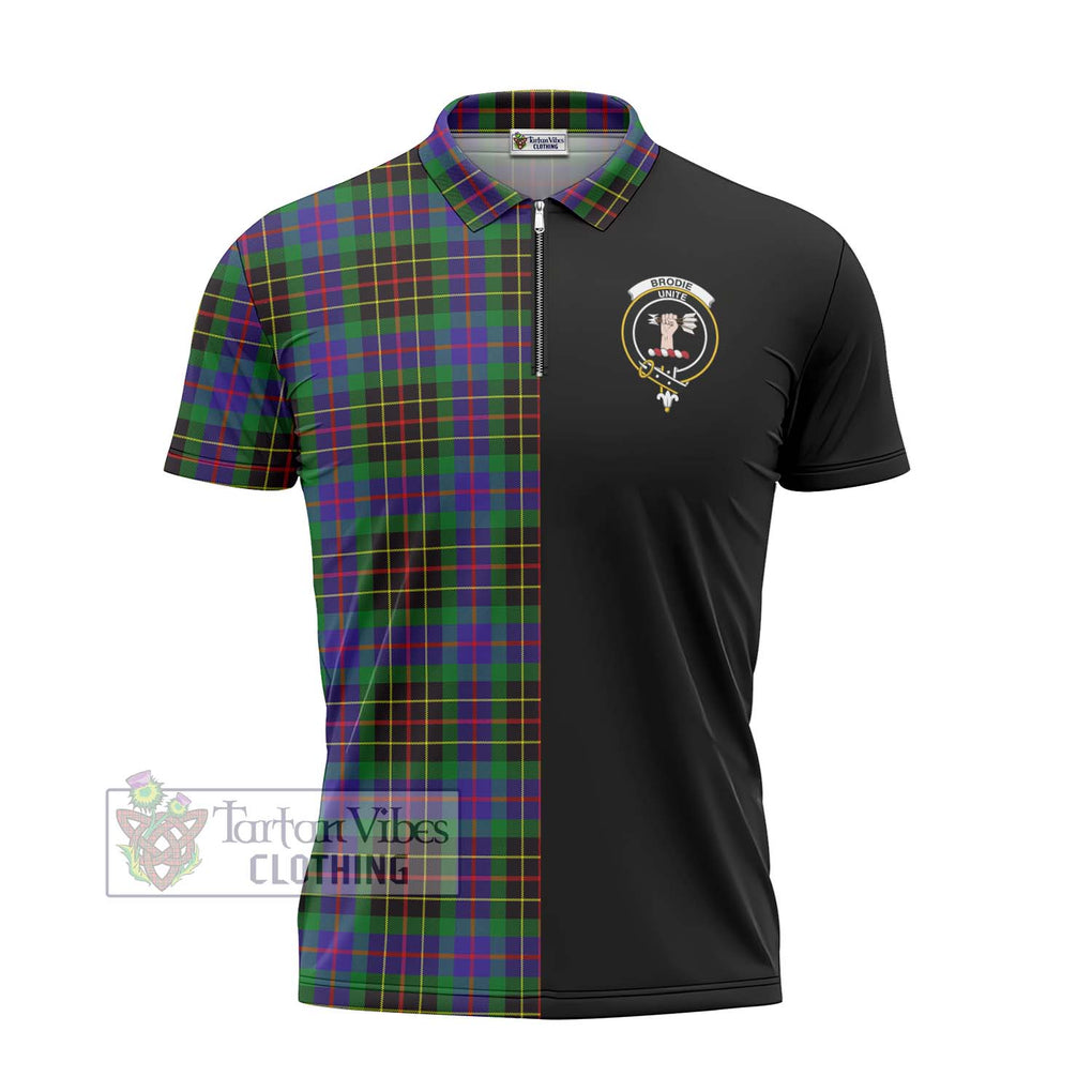 Brodie Hunting Modern Tartan Zipper Polo Shirt with Family Crest and Half Of Me Style - Tartanvibesclothing Shop