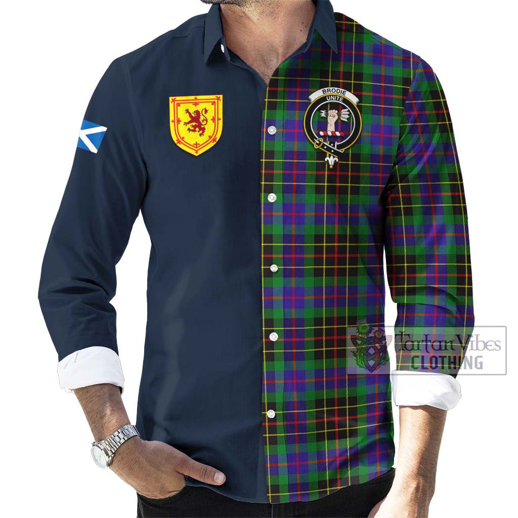 Tartan Vibes Clothing Brodie Hunting Modern Tartan Long Sleeve Button Shirt with Scottish Lion Royal Arm Half Style