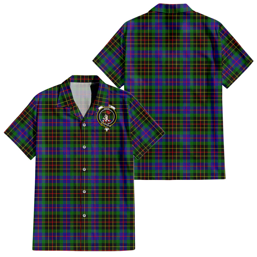 Brodie Hunting Modern Tartan Short Sleeve Button Down Shirt with Family Crest - Tartanvibesclothing