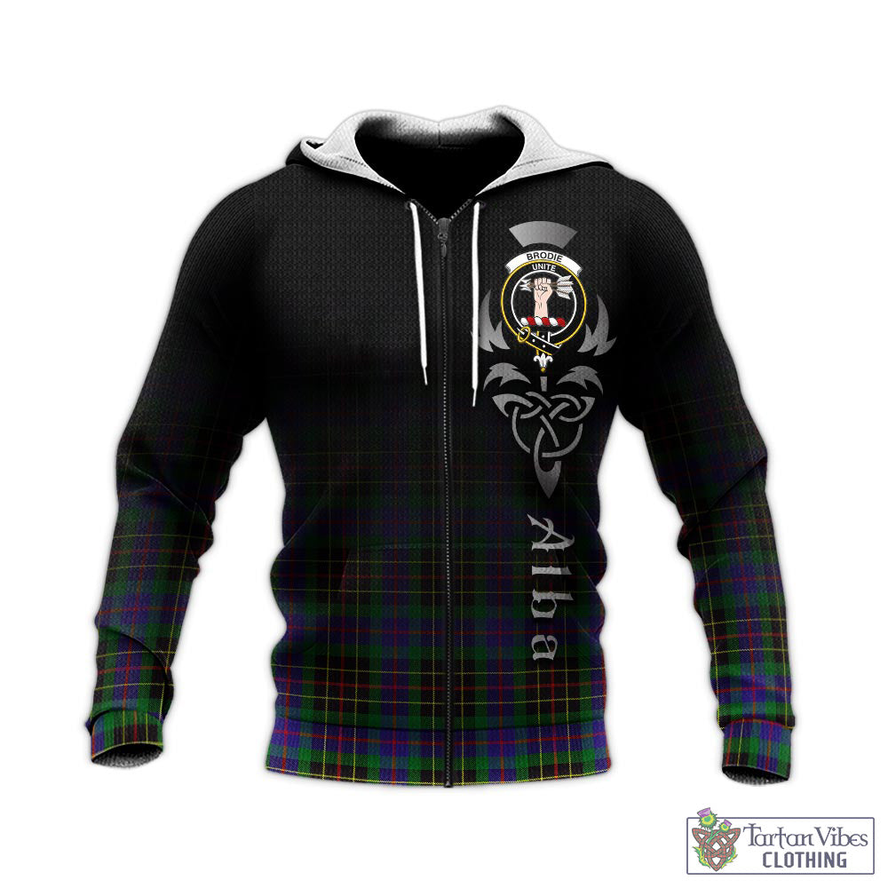 Tartan Vibes Clothing Brodie Hunting Modern Tartan Knitted Hoodie Featuring Alba Gu Brath Family Crest Celtic Inspired