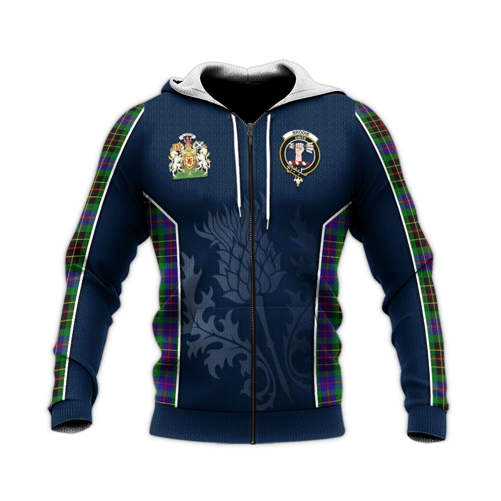 Tartan Vibes Clothing Brodie Hunting Modern Tartan Knitted Hoodie with Family Crest and Scottish Thistle Vibes Sport Style