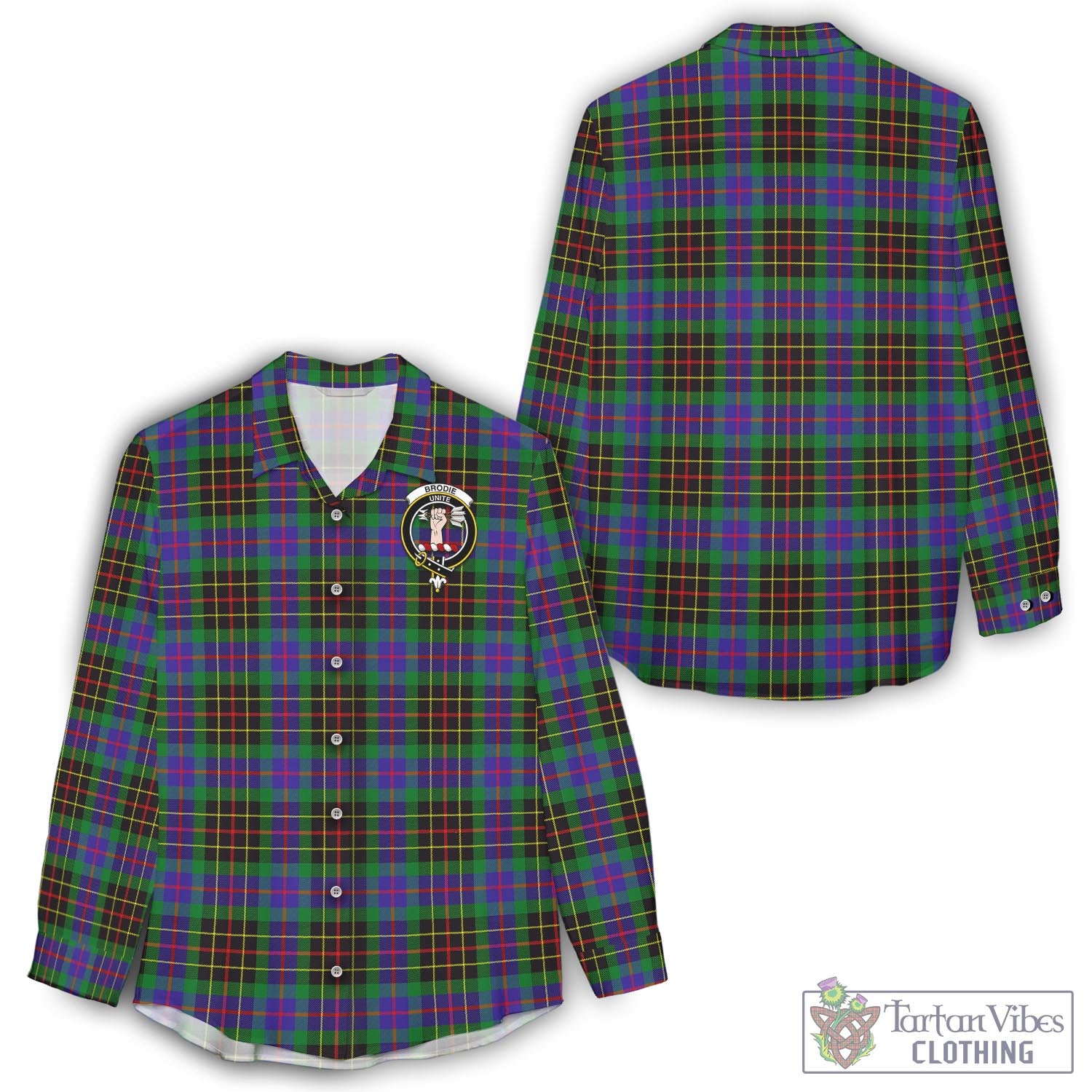 Tartan Vibes Clothing Brodie Hunting Modern Tartan Womens Casual Shirt with Family Crest