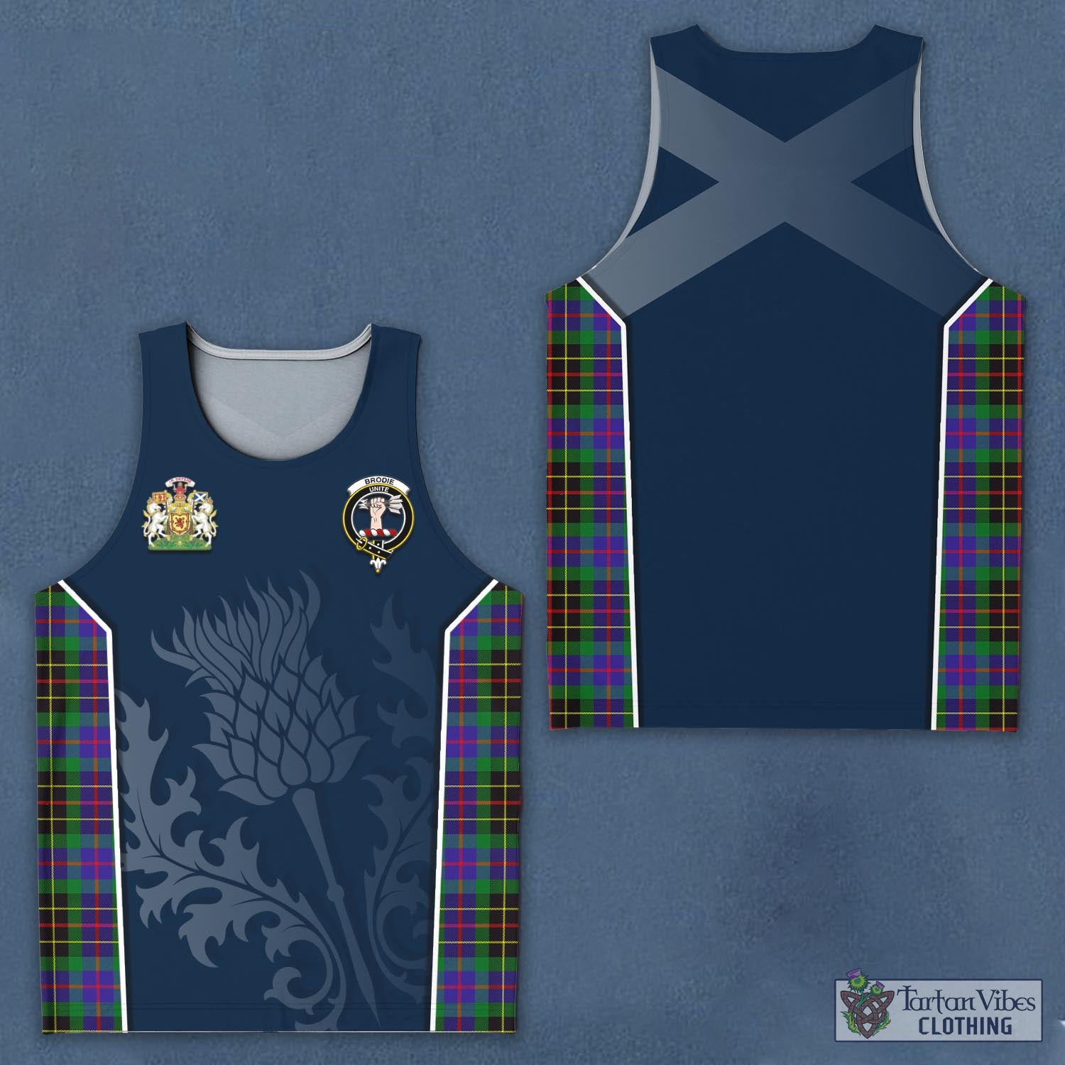 Tartan Vibes Clothing Brodie Hunting Modern Tartan Men's Tanks Top with Family Crest and Scottish Thistle Vibes Sport Style