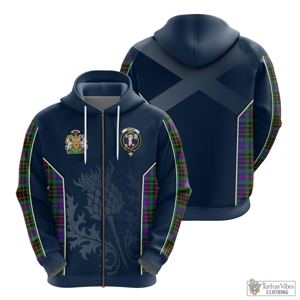 Tartan Vibes Clothing Brodie Hunting Modern Tartan Hoodie with Family Crest and Scottish Thistle Vibes Sport Style