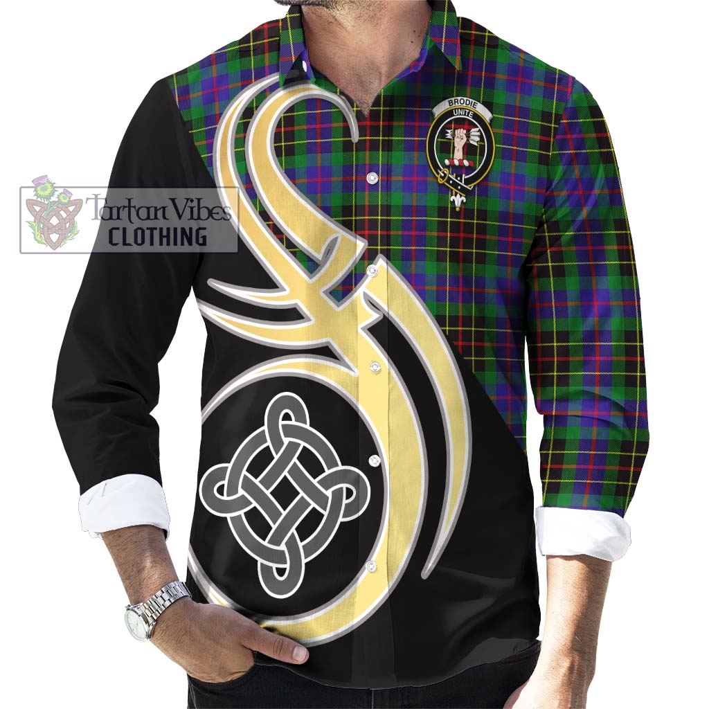 Brodie Hunting Modern Tartan Long Sleeve Button Shirt with Family Crest and Celtic Symbol Style - Tartan Vibes Clothing