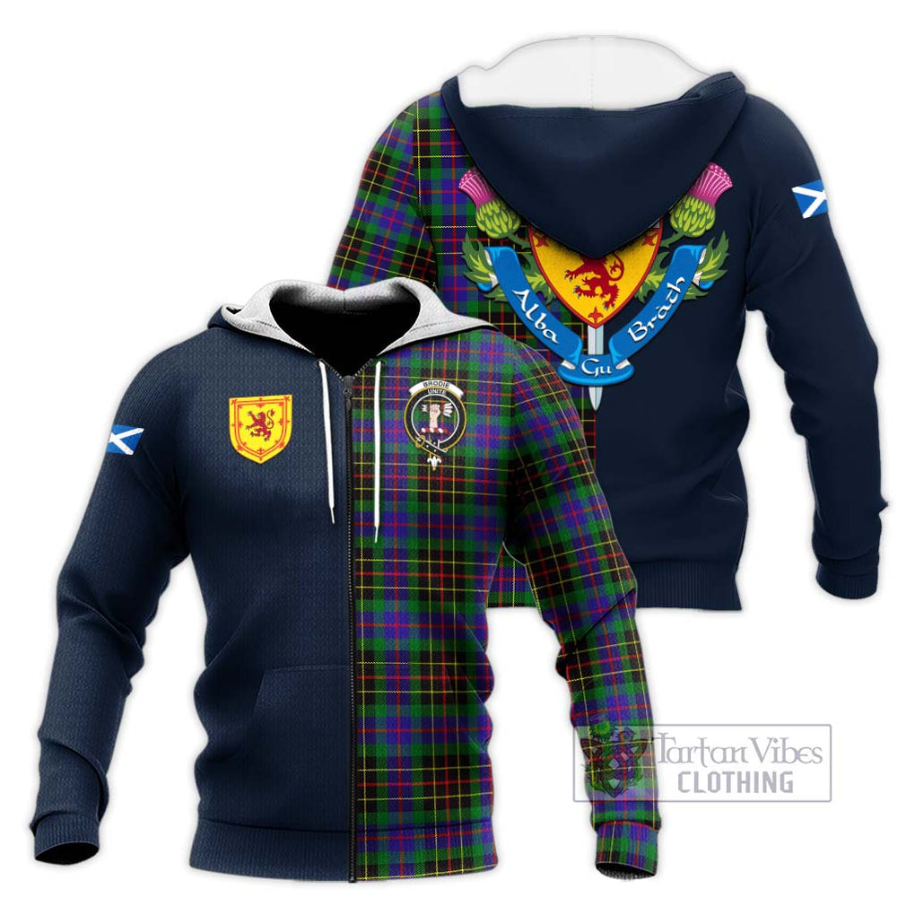 Tartan Vibes Clothing Brodie Hunting Modern Tartan Knitted Hoodie with Scottish Lion Royal Arm Half Style