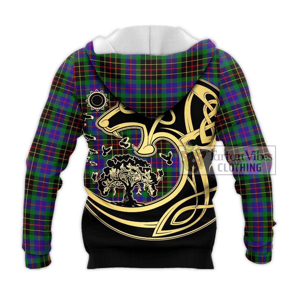 Tartan Vibes Clothing Brodie Hunting Modern Tartan Knitted Hoodie with Family Crest Celtic Wolf Style