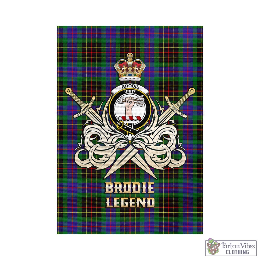 Tartan Vibes Clothing Brodie Hunting Modern Tartan Flag with Clan Crest and the Golden Sword of Courageous Legacy