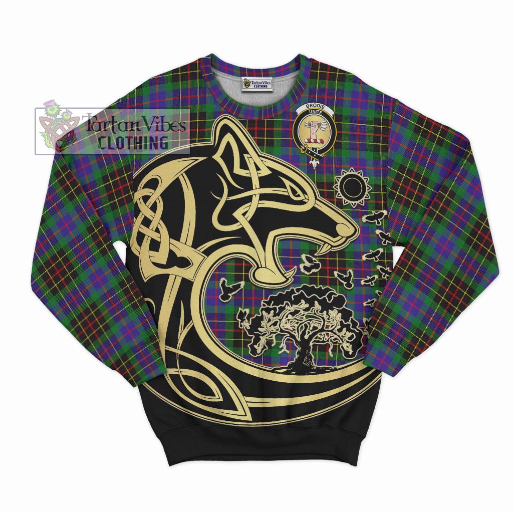 Tartan Vibes Clothing Brodie Hunting Modern Tartan Sweatshirt with Family Crest Celtic Wolf Style