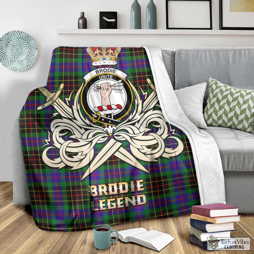 Tartan Vibes Clothing Brodie Hunting Modern Tartan Blanket with Clan Crest and the Golden Sword of Courageous Legacy