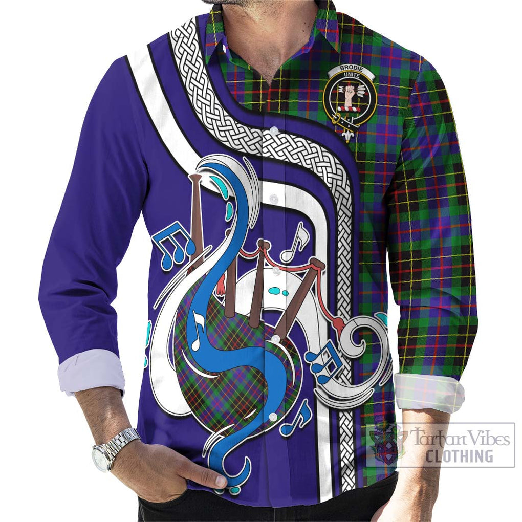 Brodie Hunting Modern Tartan Long Sleeve Button Shirt with Epic Bagpipe Style - Tartanvibesclothing Shop