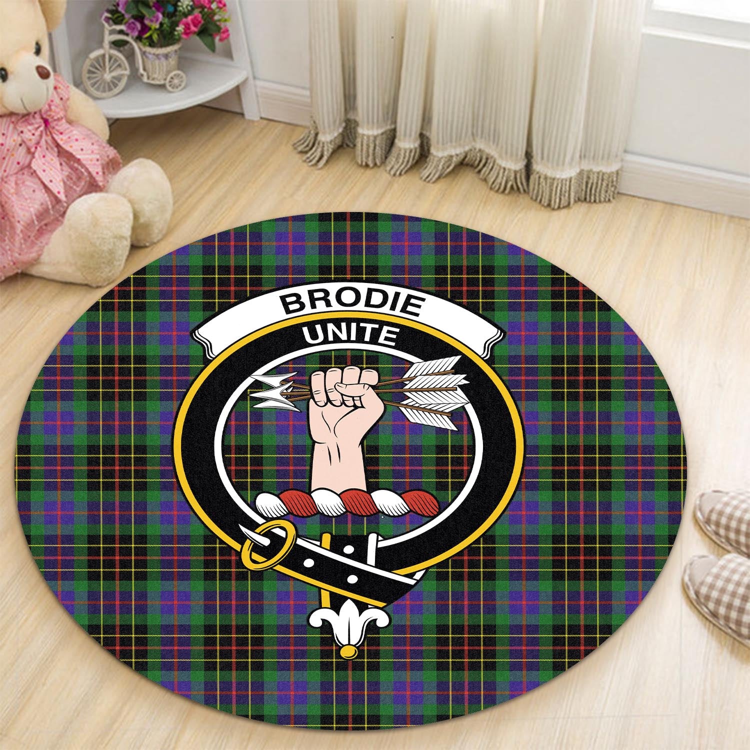 Brodie Hunting Modern Tartan Round Rug with Family Crest - Tartanvibesclothing