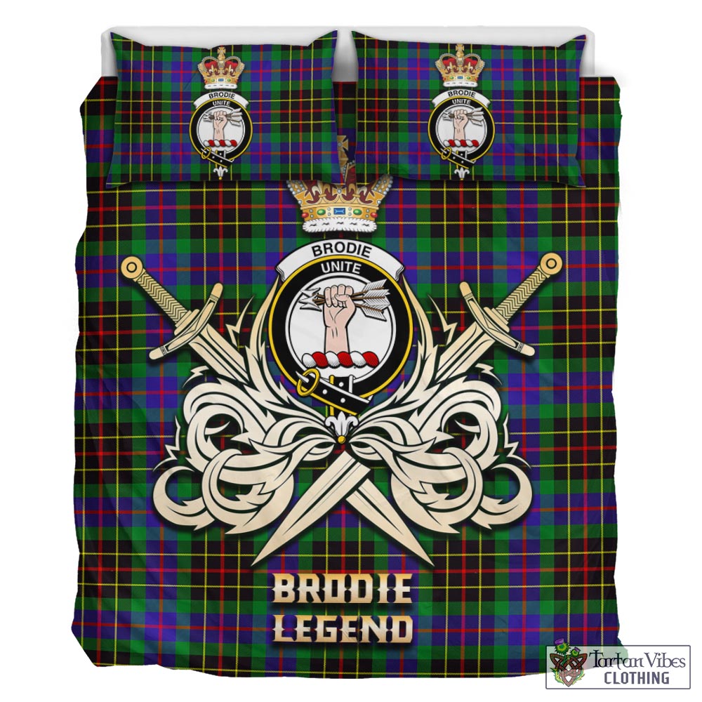 Tartan Vibes Clothing Brodie Hunting Modern Tartan Bedding Set with Clan Crest and the Golden Sword of Courageous Legacy