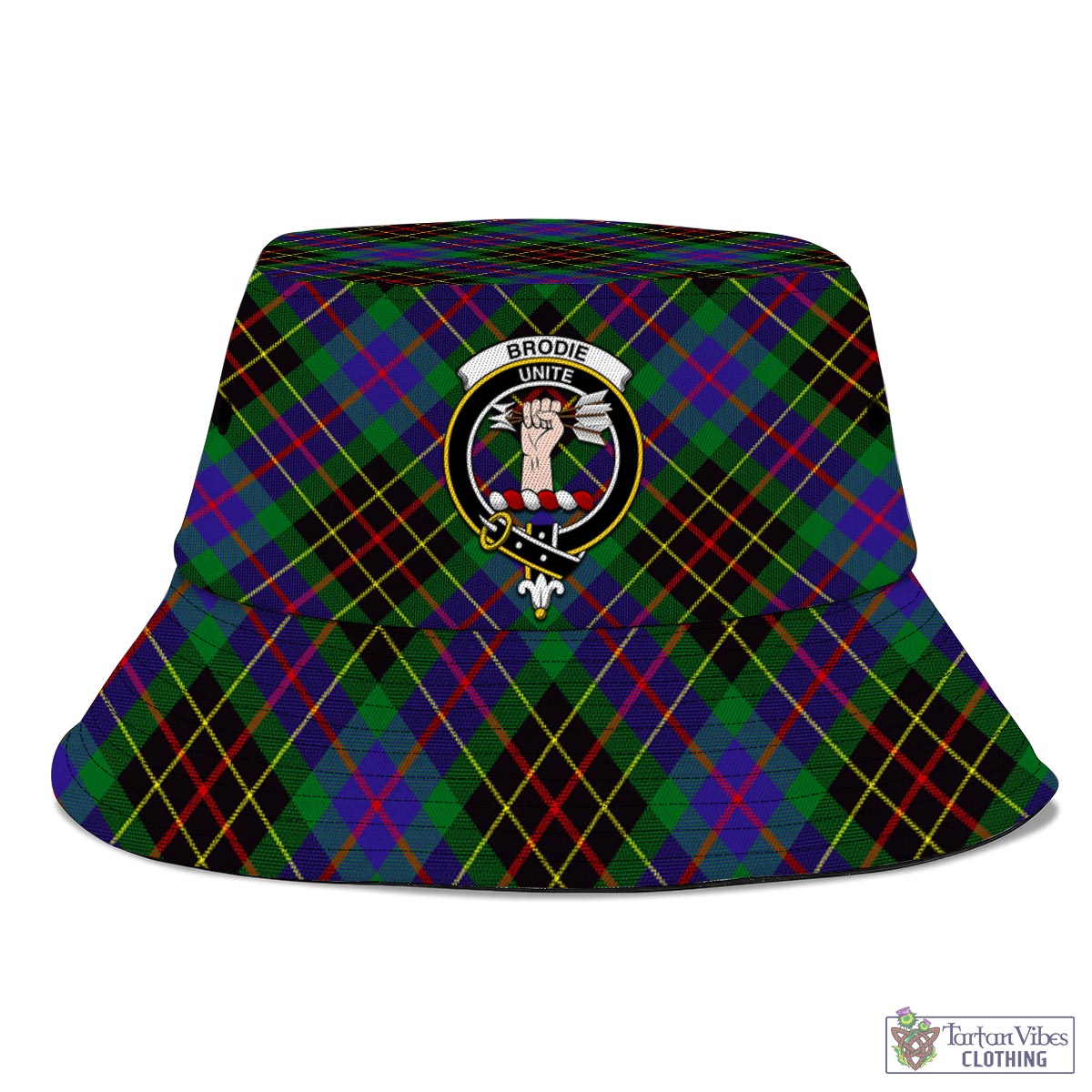 Tartan Vibes Clothing Brodie Hunting Modern Tartan Bucket Hat with Family Crest