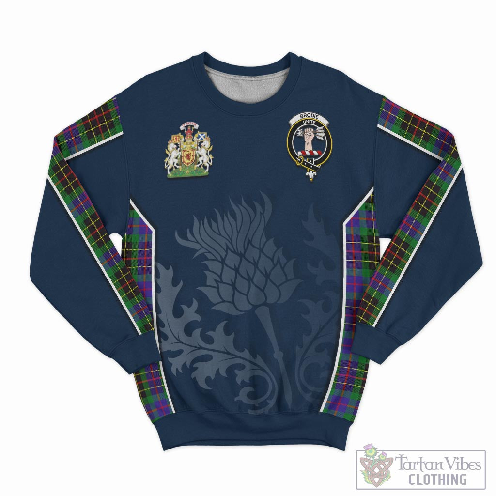 Tartan Vibes Clothing Brodie Hunting Modern Tartan Sweatshirt with Family Crest and Scottish Thistle Vibes Sport Style