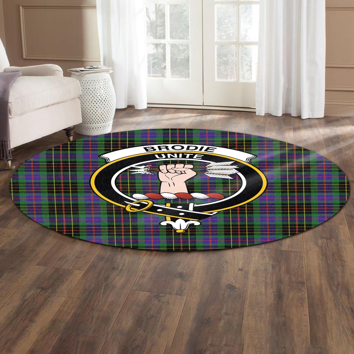 Brodie Hunting Modern Tartan Round Rug with Family Crest - Tartanvibesclothing