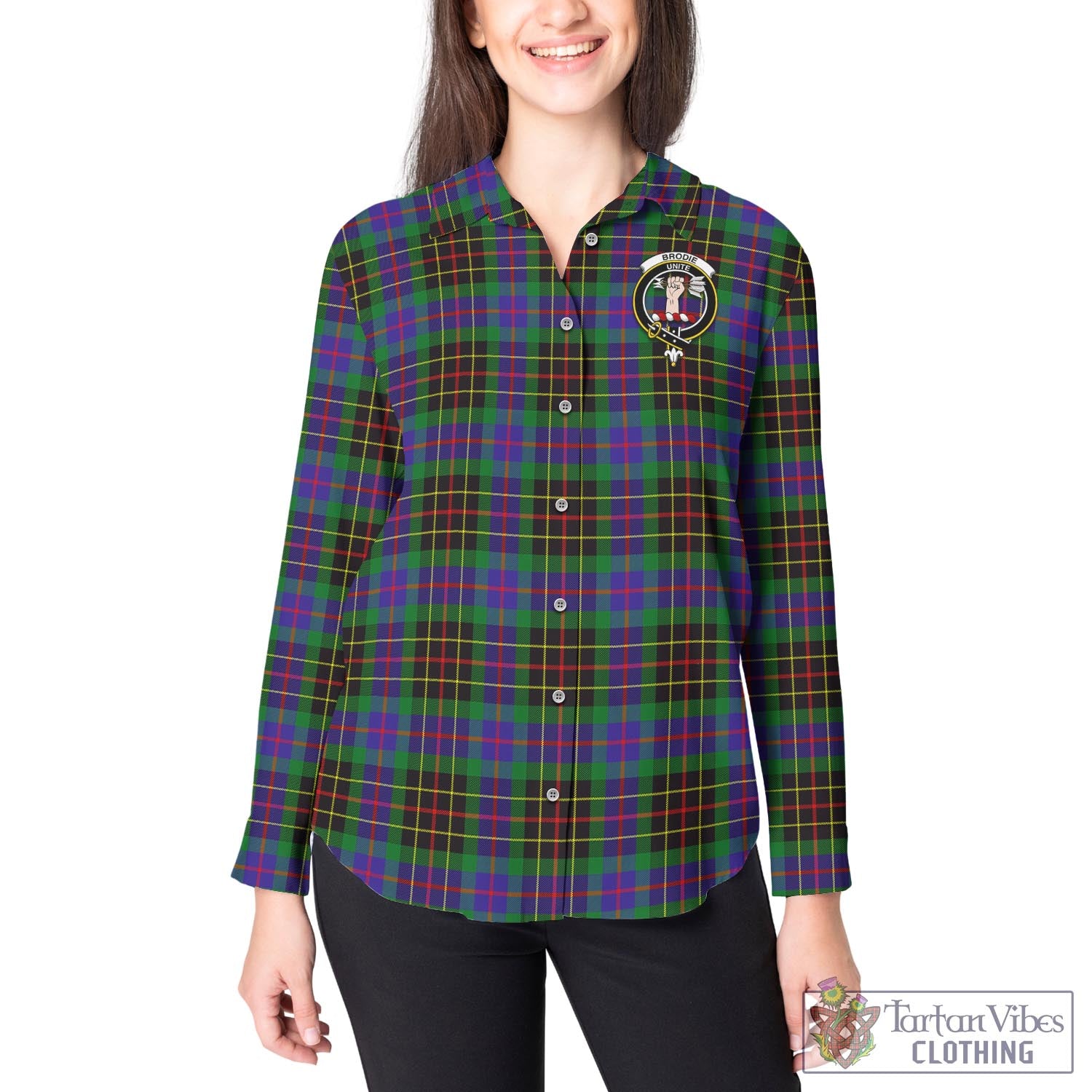 Tartan Vibes Clothing Brodie Hunting Modern Tartan Womens Casual Shirt with Family Crest