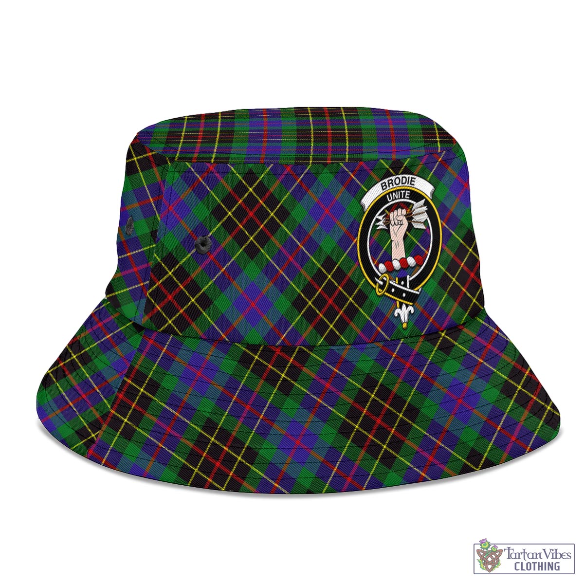 Tartan Vibes Clothing Brodie Hunting Modern Tartan Bucket Hat with Family Crest