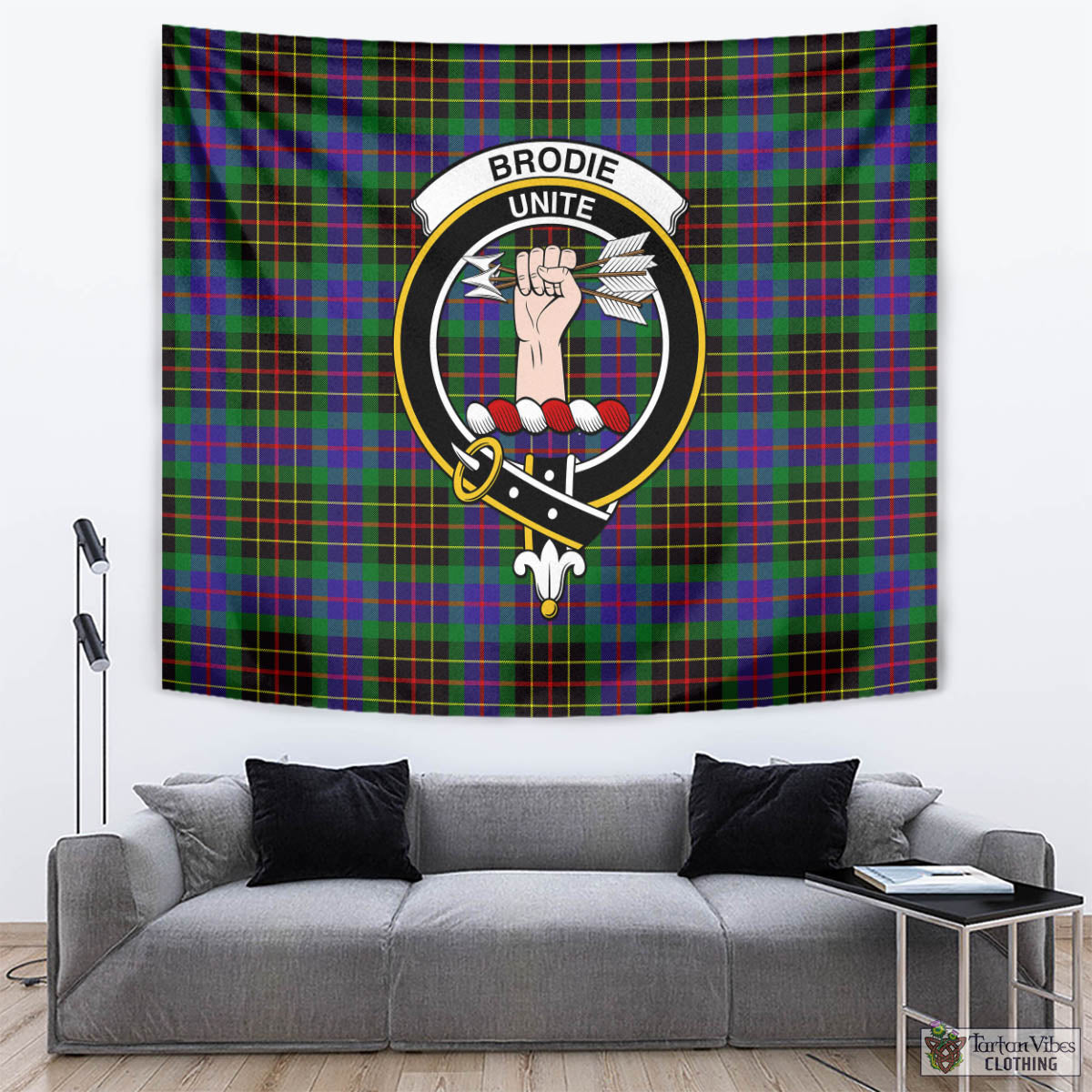 Tartan Vibes Clothing Brodie Hunting Modern Tartan Tapestry Wall Hanging and Home Decor for Room with Family Crest