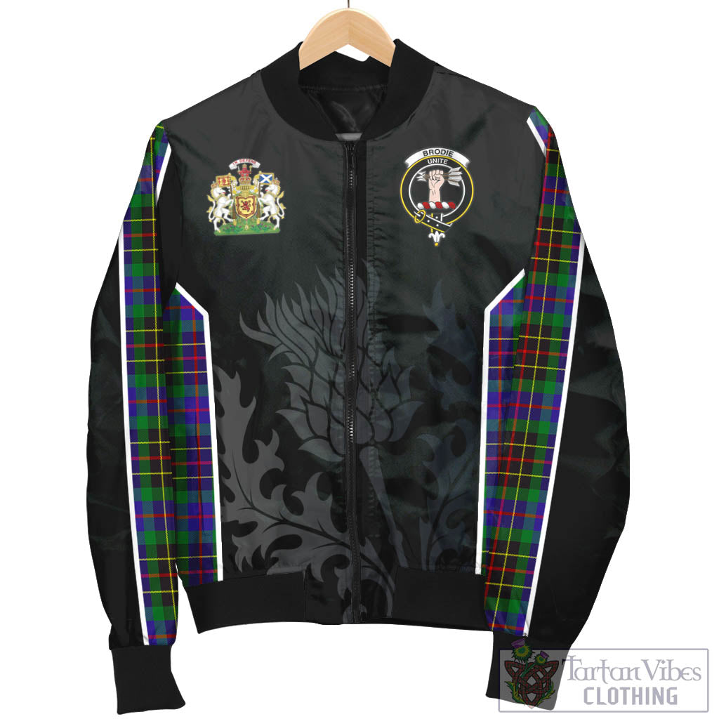 Tartan Vibes Clothing Brodie Hunting Modern Tartan Bomber Jacket with Family Crest and Scottish Thistle Vibes Sport Style