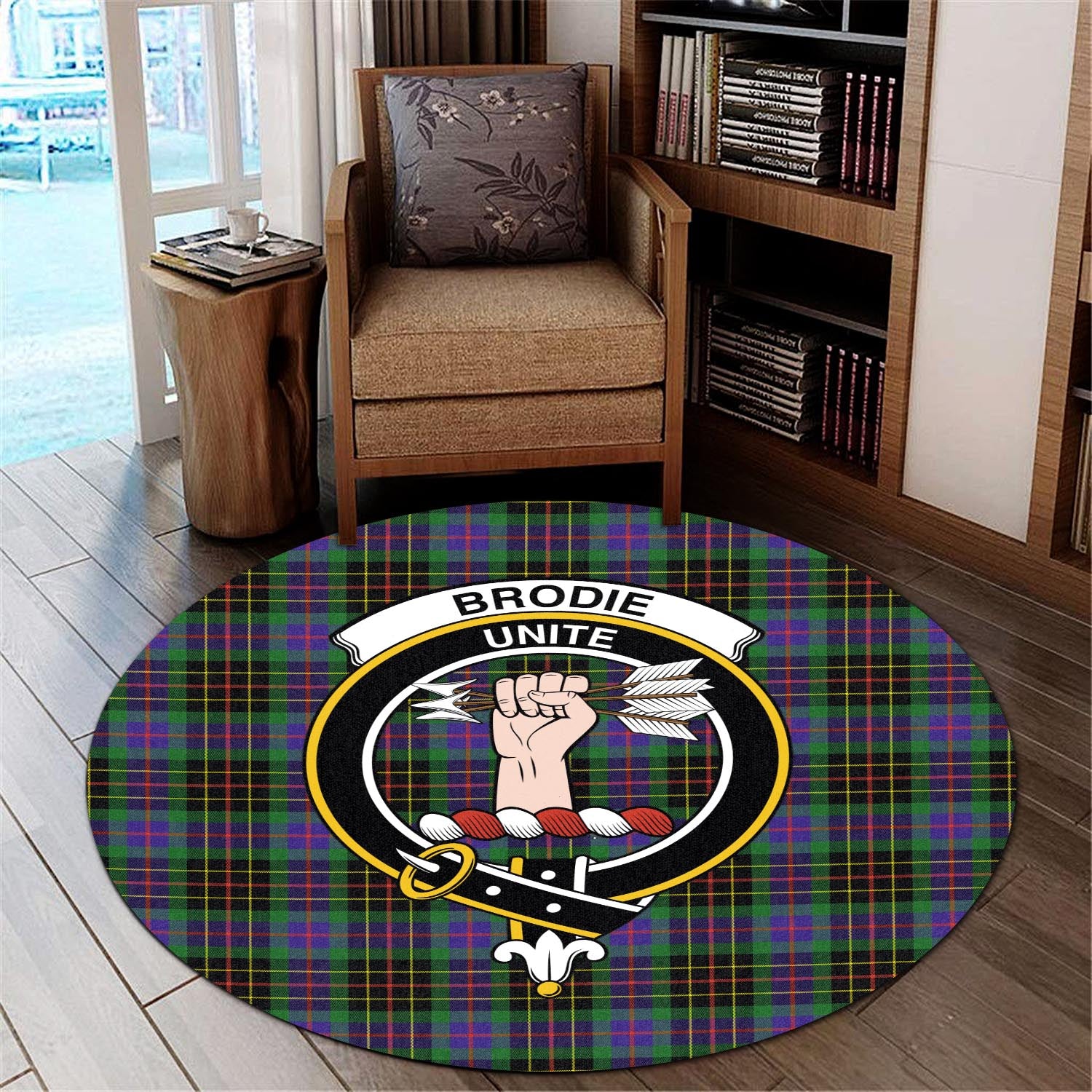 Brodie Hunting Modern Tartan Round Rug with Family Crest - Tartanvibesclothing