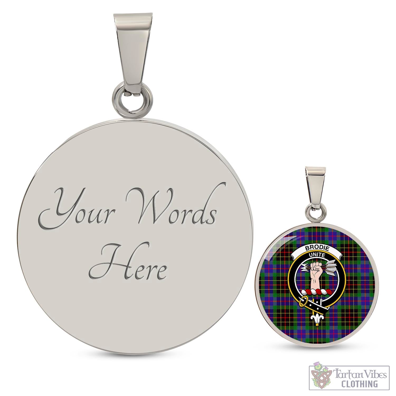 Tartan Vibes Clothing Brodie Hunting Modern Tartan Circle Necklace with Family Crest