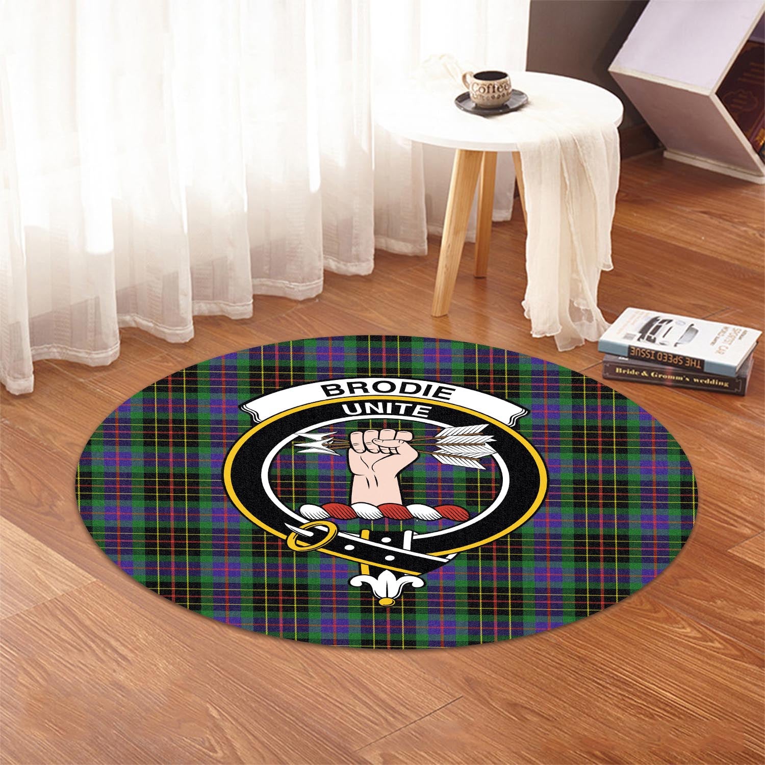 Brodie Hunting Modern Tartan Round Rug with Family Crest - Tartanvibesclothing