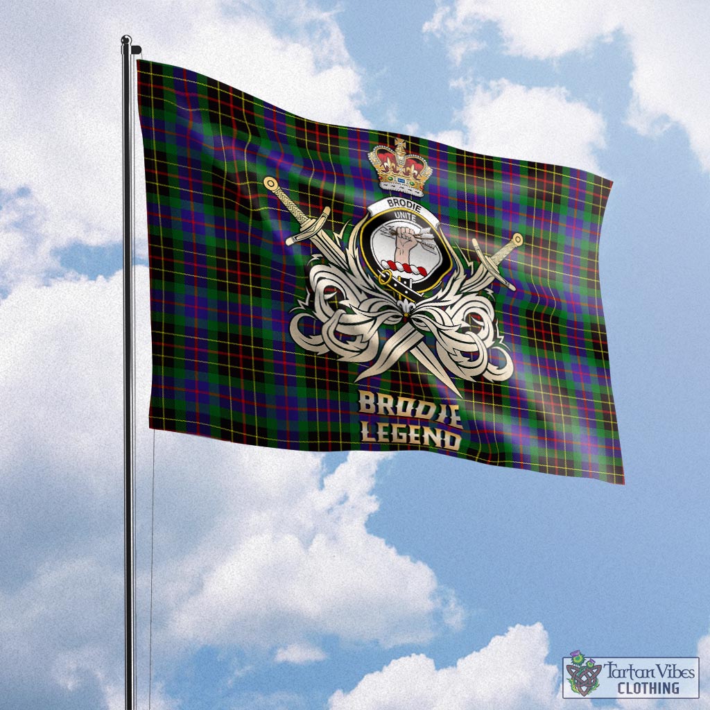 Tartan Vibes Clothing Brodie Hunting Modern Tartan Flag with Clan Crest and the Golden Sword of Courageous Legacy