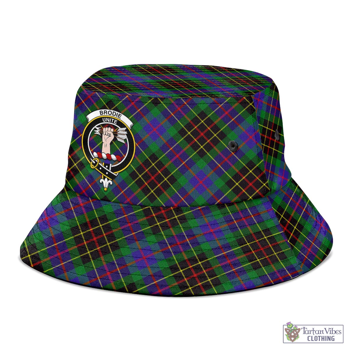 Tartan Vibes Clothing Brodie Hunting Modern Tartan Bucket Hat with Family Crest