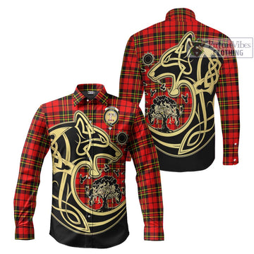 Brodie Modern Tartan Long Sleeve Button Shirt with Family Crest Celtic Wolf Style