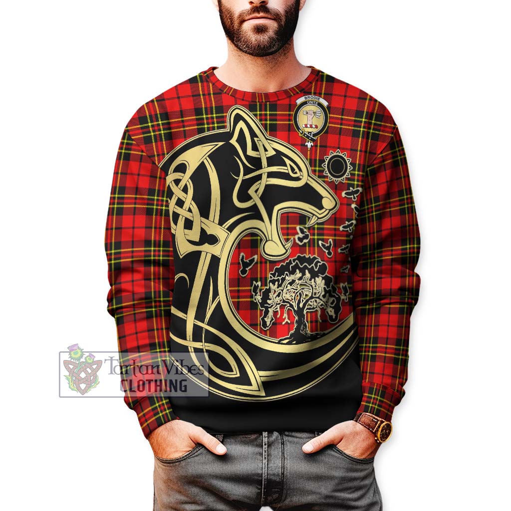 Tartan Vibes Clothing Brodie Modern Tartan Sweatshirt with Family Crest Celtic Wolf Style