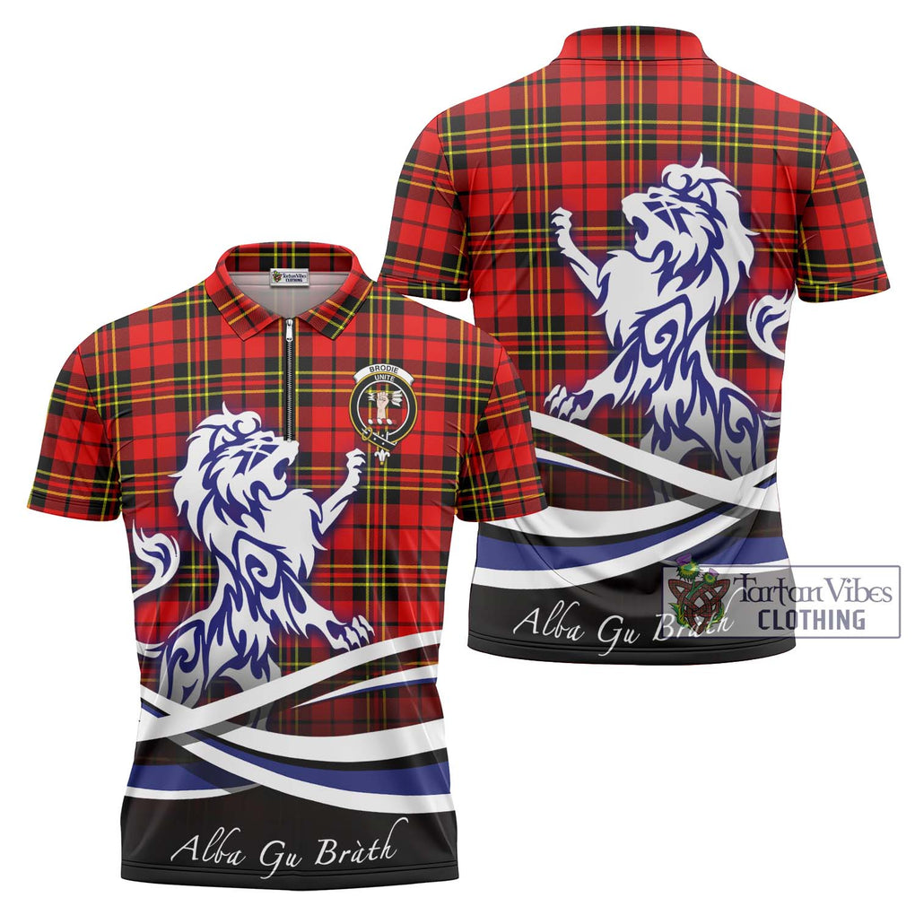 Brodie Modern Tartan Zipper Polo Shirt with Alba Gu Brath Regal Lion Emblem Unisex - Tartanvibesclothing Shop