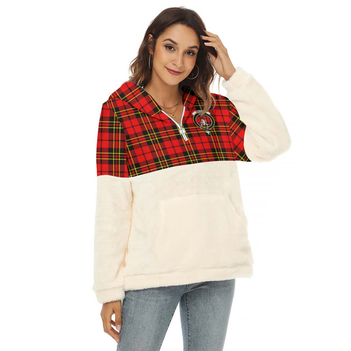 Brodie Modern Tartan Women's Borg Fleece Hoodie With Half Zip with Family Crest Female - Tartanvibesclothing