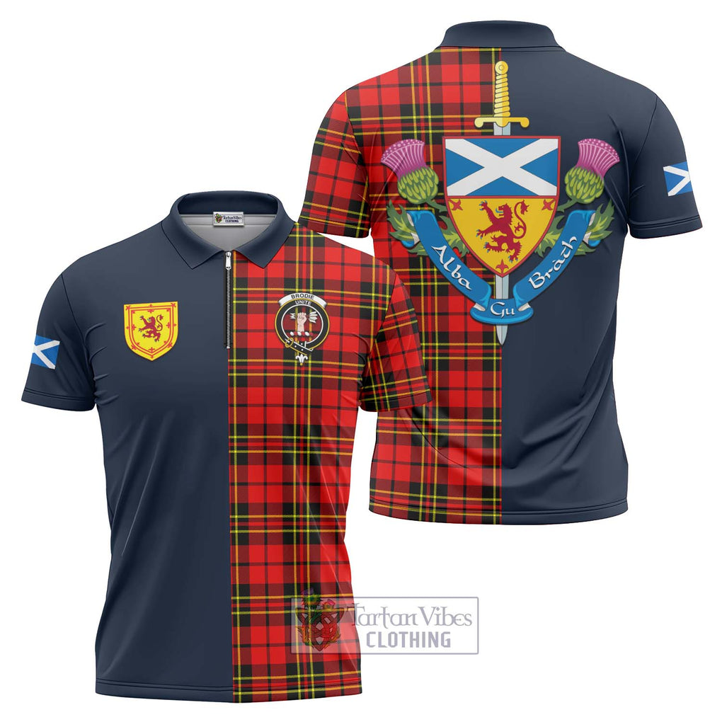 Tartan Vibes Clothing Brodie Modern Tartan Zipper Polo Shirt with Scottish Lion Royal Arm Half Style