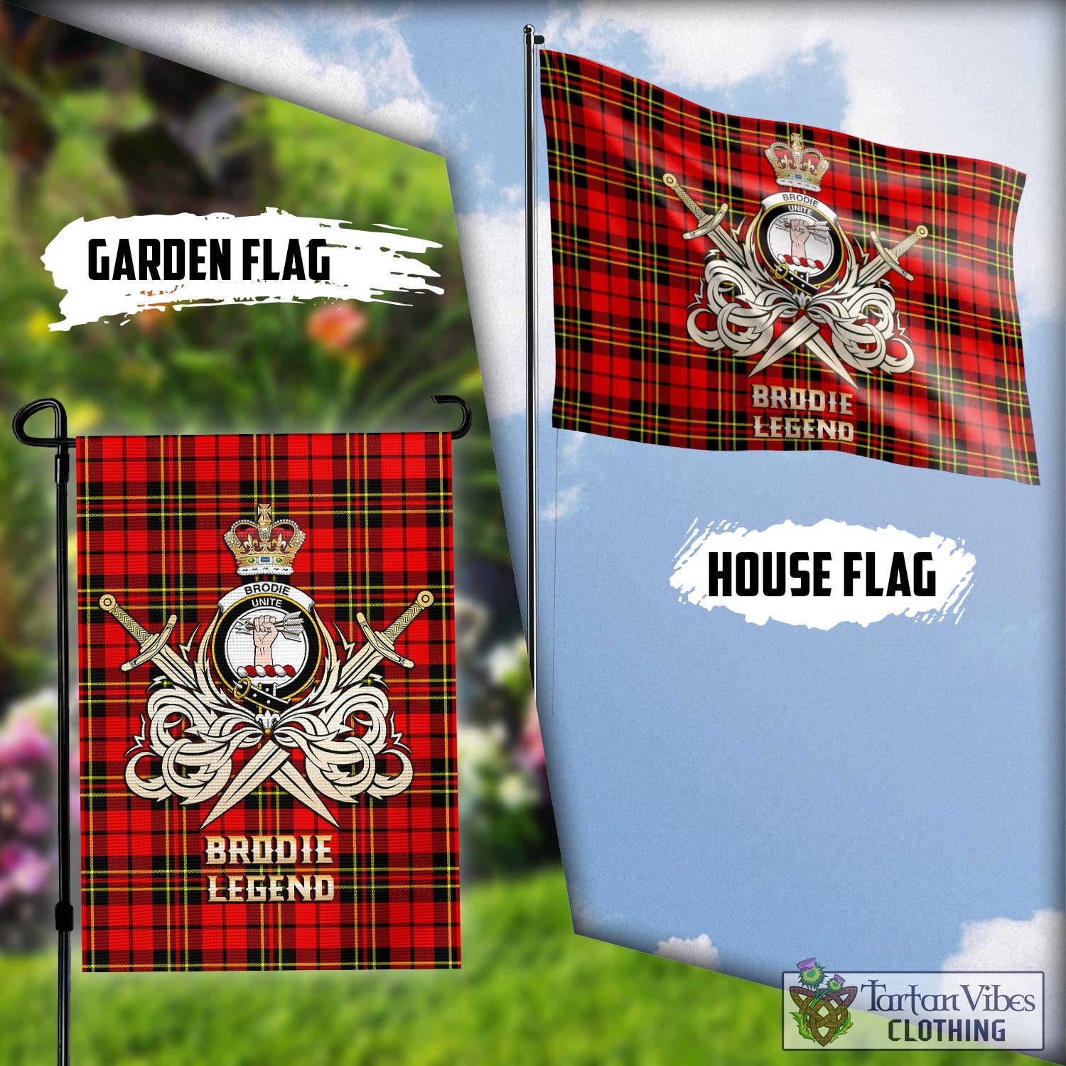 Tartan Vibes Clothing Brodie Modern Tartan Flag with Clan Crest and the Golden Sword of Courageous Legacy