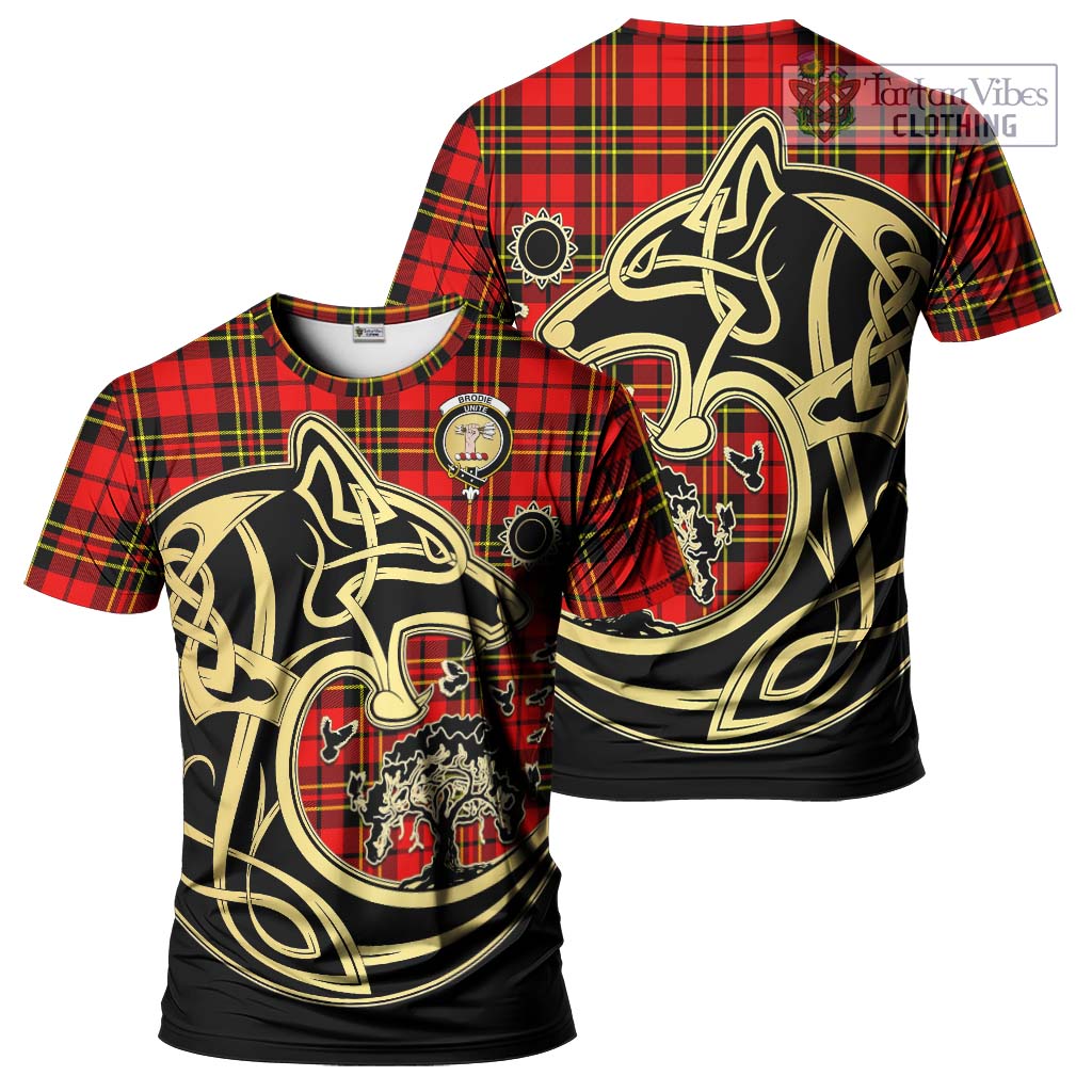 Tartan Vibes Clothing Brodie Modern Tartan T-Shirt with Family Crest Celtic Wolf Style
