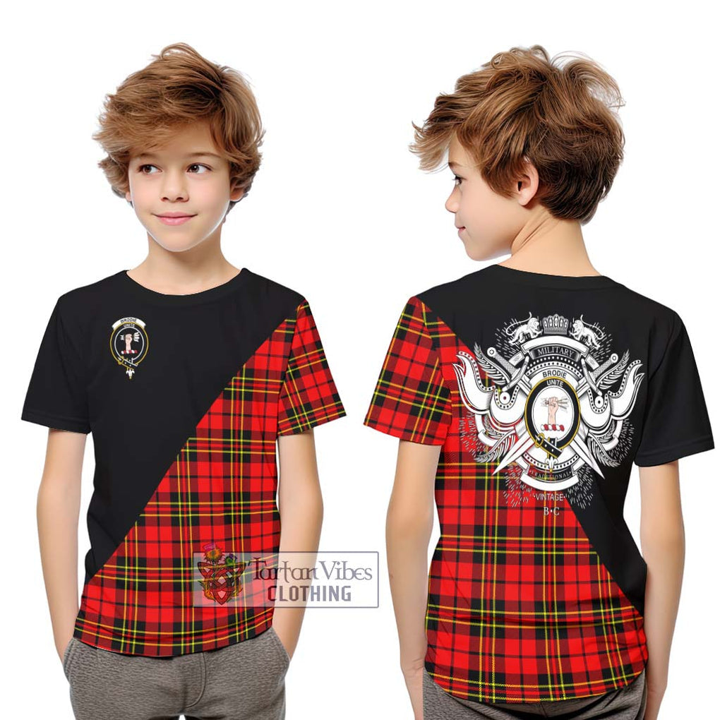 Brodie Modern Tartan Kid T-Shirt with Family Crest and Military Logo Style Youth XL Size14 - Tartanvibesclothing Shop