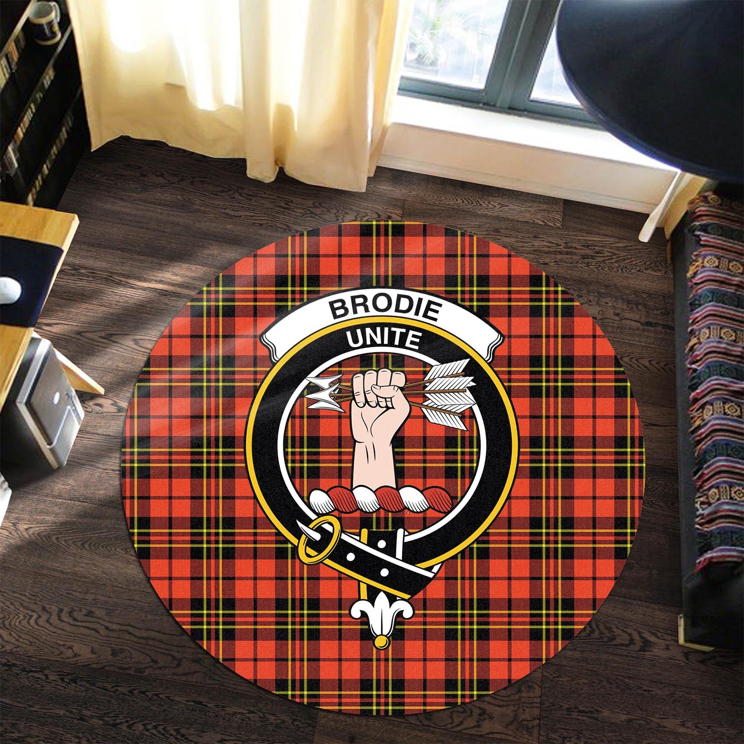 Brodie Modern Tartan Round Rug with Family Crest - Tartanvibesclothing