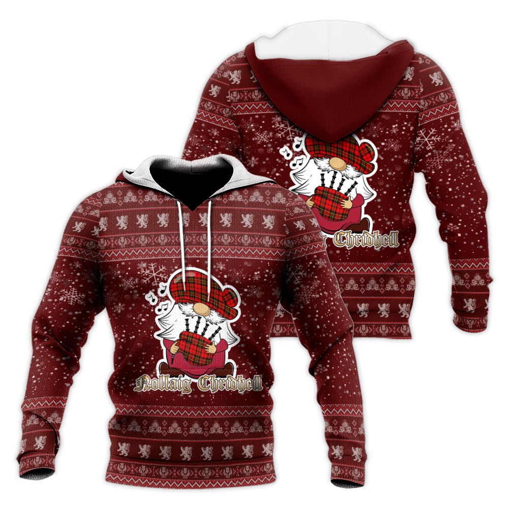 Brodie Modern Clan Christmas Knitted Hoodie with Funny Gnome Playing Bagpipes Red - Tartanvibesclothing