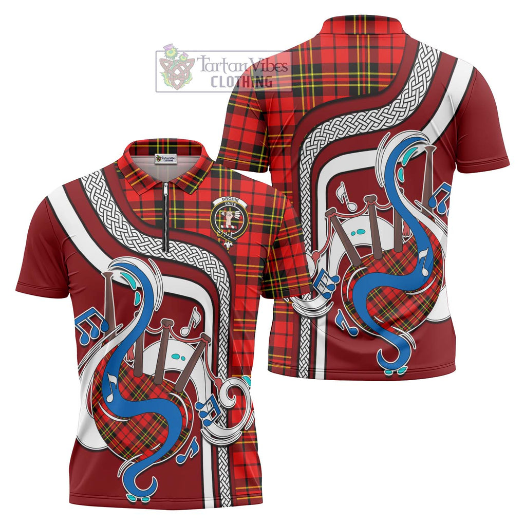 Brodie Modern Tartan Zipper Polo Shirt with Epic Bagpipe Style Unisex - Tartanvibesclothing Shop