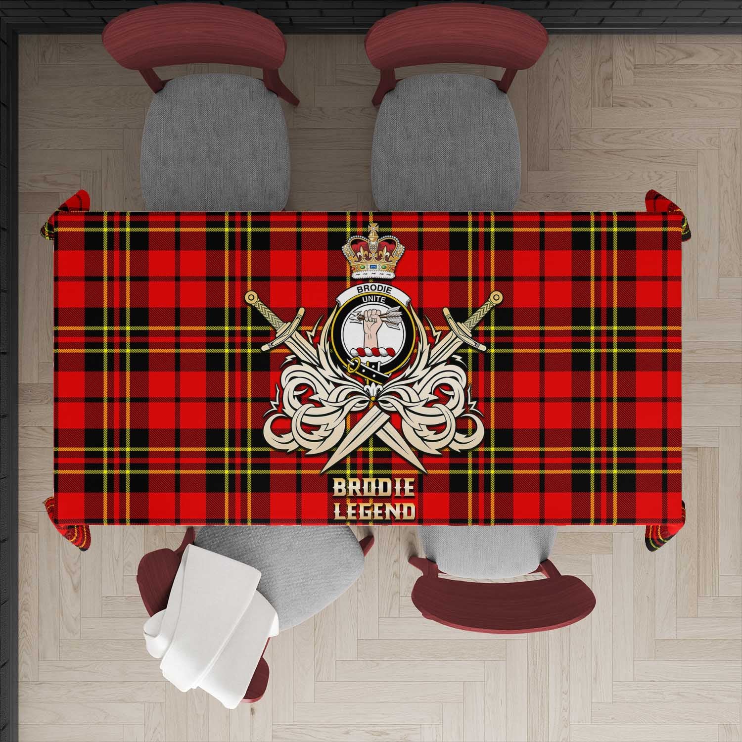 Tartan Vibes Clothing Brodie Modern Tartan Tablecloth with Clan Crest and the Golden Sword of Courageous Legacy