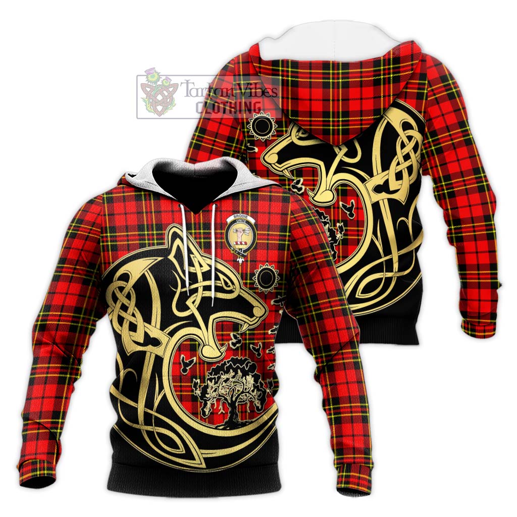 Tartan Vibes Clothing Brodie Modern Tartan Knitted Hoodie with Family Crest Celtic Wolf Style