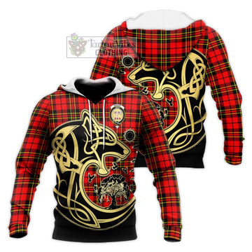 Brodie Modern Tartan Knitted Hoodie with Family Crest Celtic Wolf Style